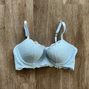 Aerie Show Off Balconette Eyelash Lace Bra Light Blue Size 34C Underwire